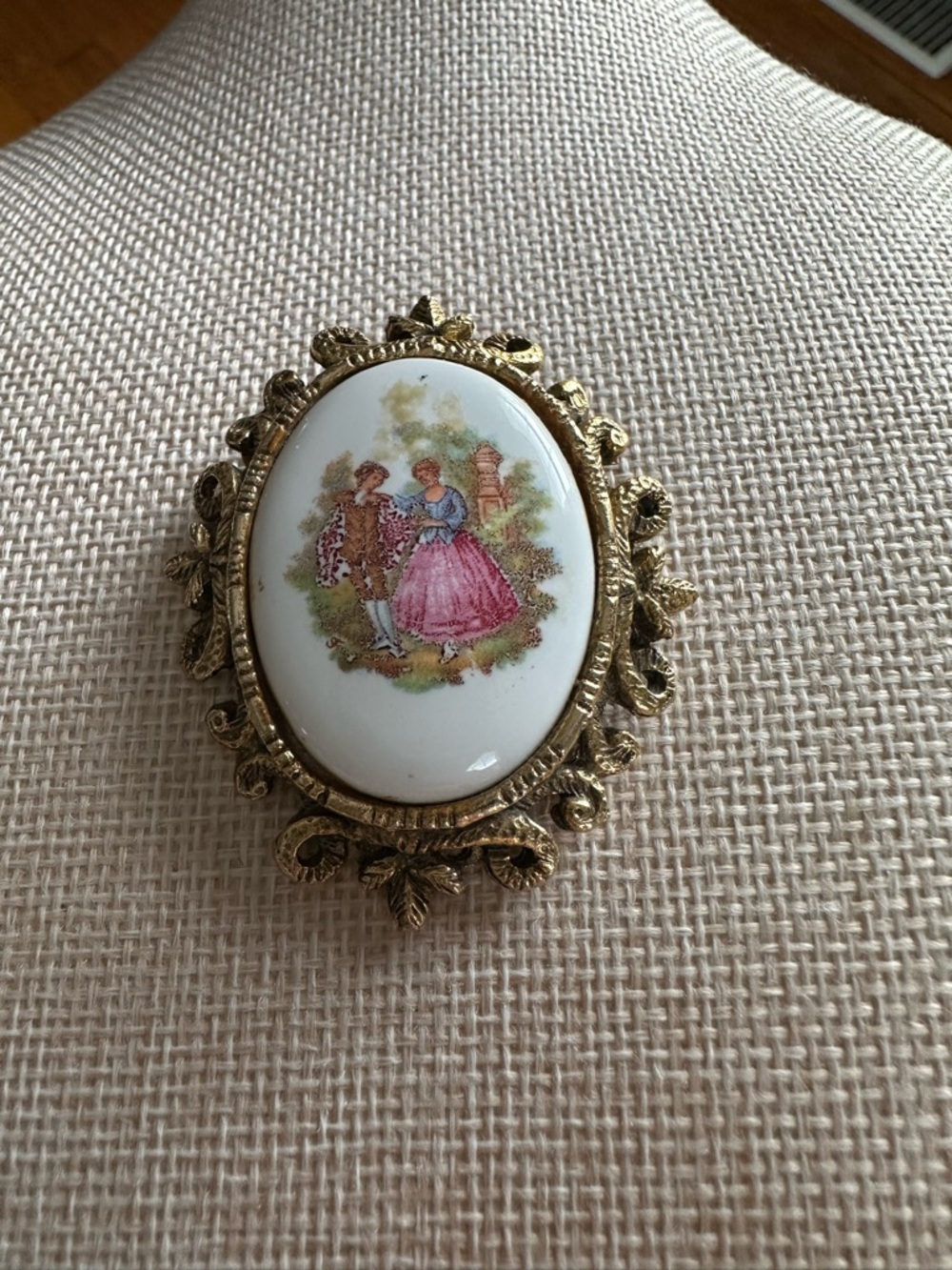 Vintage Oval Porcelain Pendant and Brooch with Courting Couple Motif